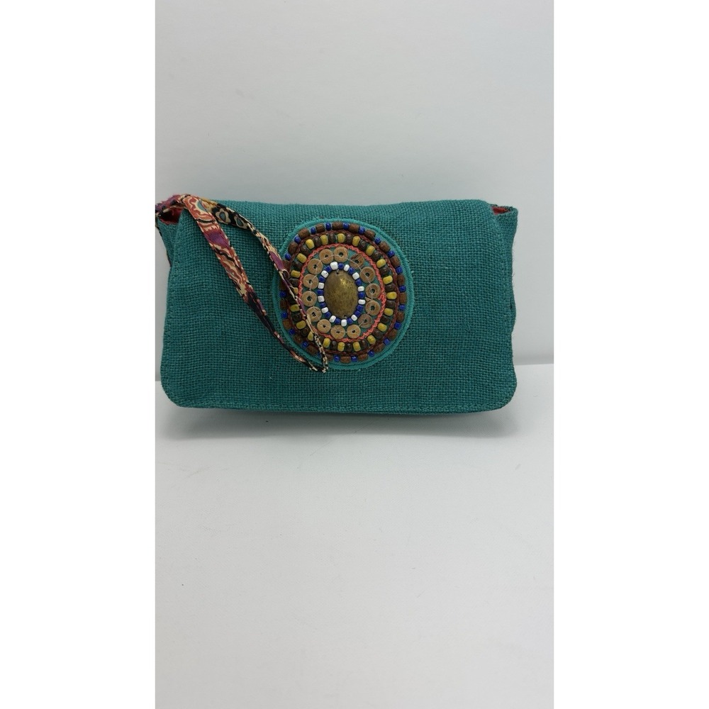 VTG Catori Teal Jute Beaded Clutch Purse Boho Mandala Medallion Wrist Strap Eye